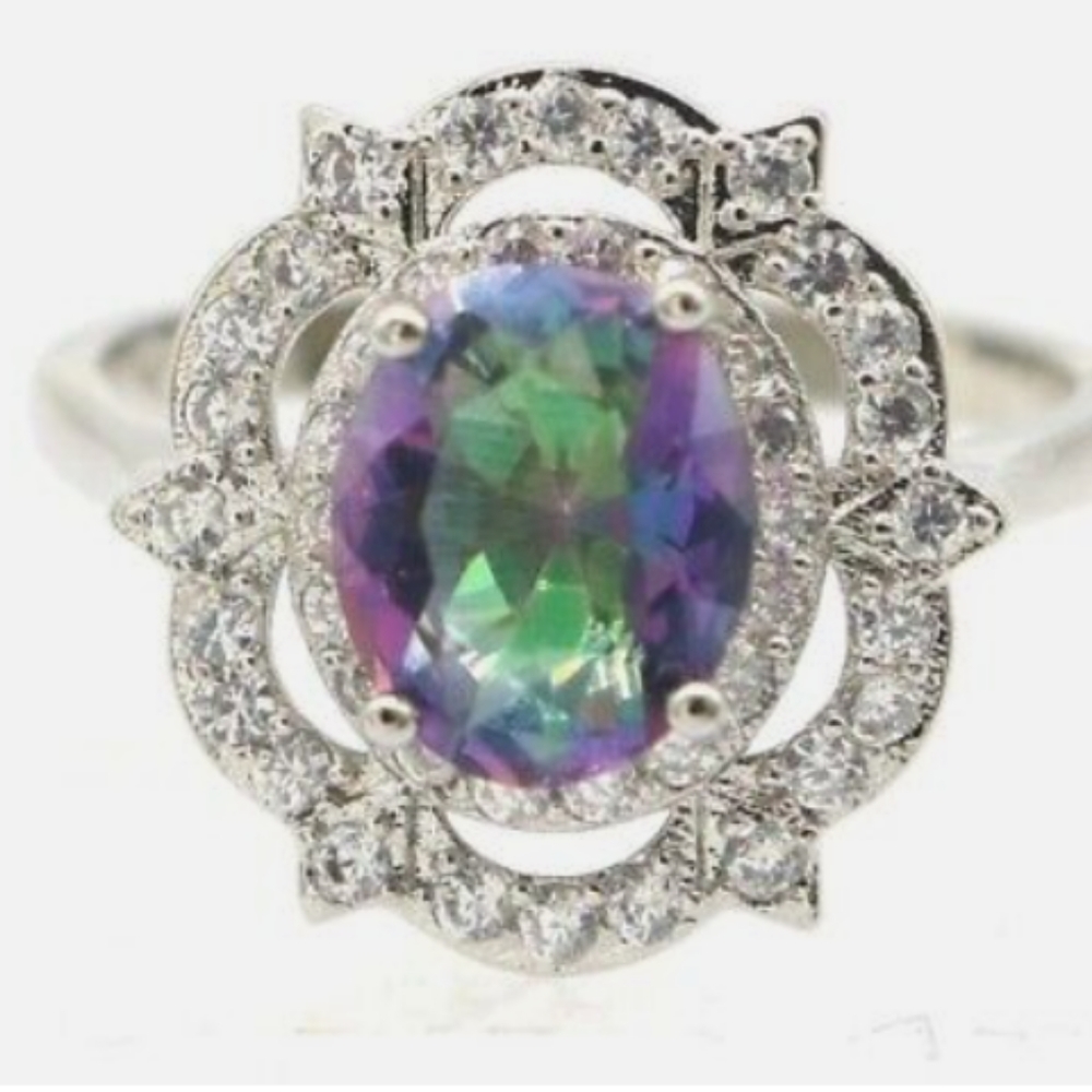 New size 9 rainbow mystical topaz cz sterling silver ring